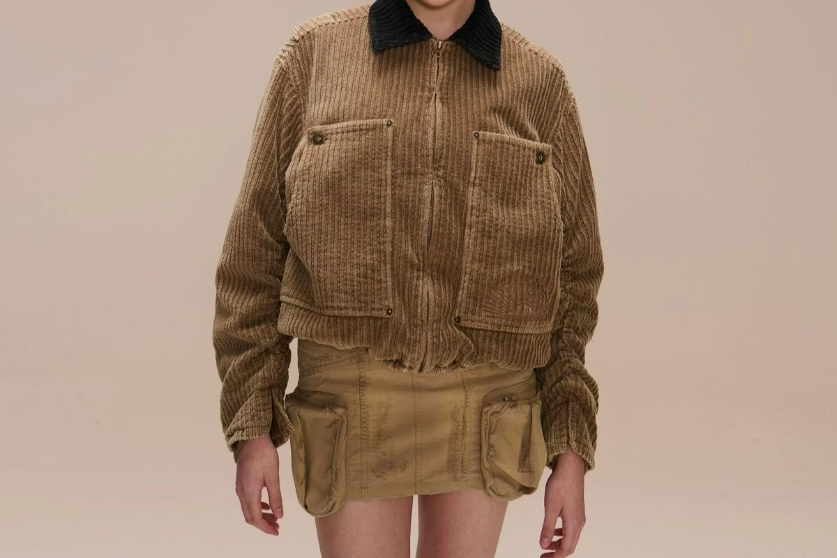 

Vintage Distressed Turn-Down Collar Color Block Large Pocket Quilted Drawstring 2025 Autumn Short Jacket for Women