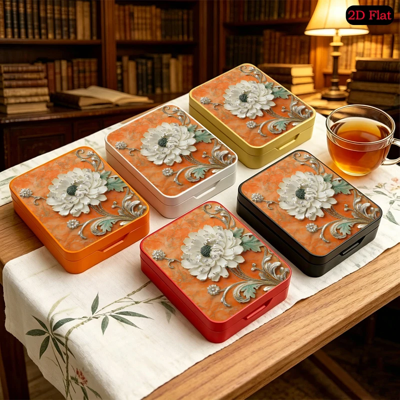 Silver Peony Relief Theme Pocket Size Flip Top Metal Box, UV Printed Portable Custom Tinplate Box, Travel Small Object Tin Box