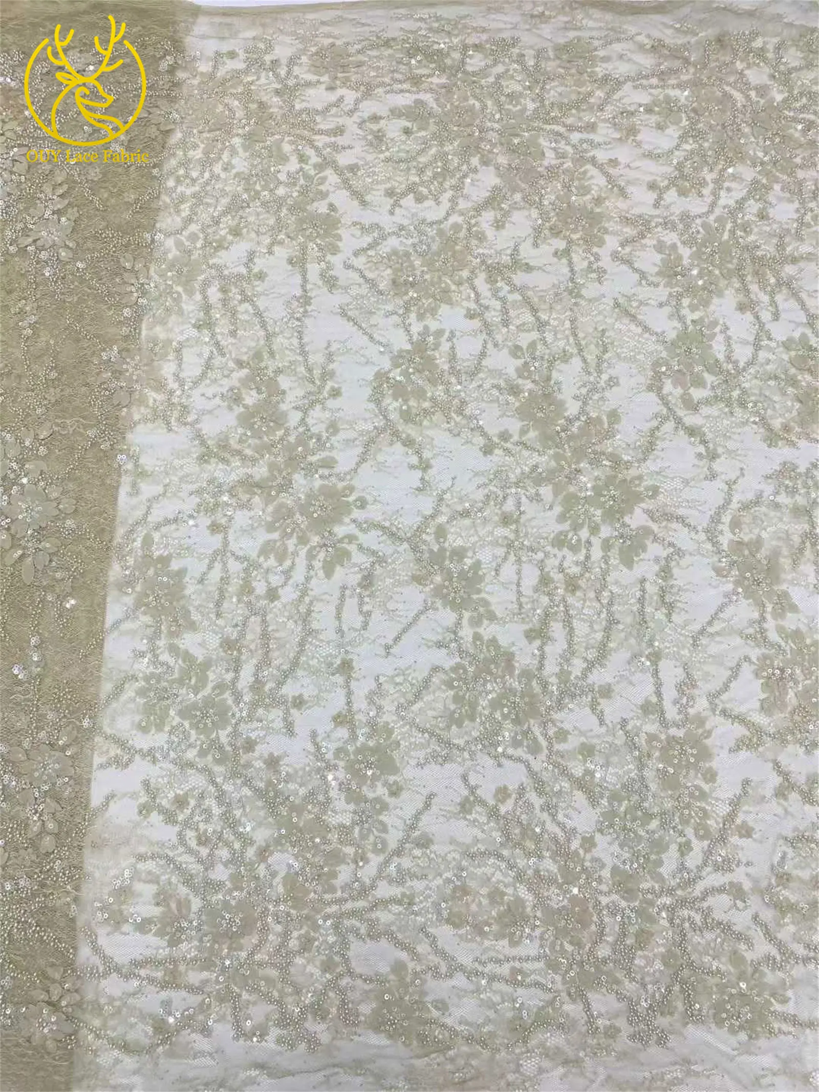 Afrikanischer nigerianischer Bräutigam-Perlen-Spitzenstoff 2026, französisches Netz, 3D-Applikation, Pailletten-Spitzenstoff für Party, Hochzeit, Kleid, Nähen, 5 Yards – Detail 7