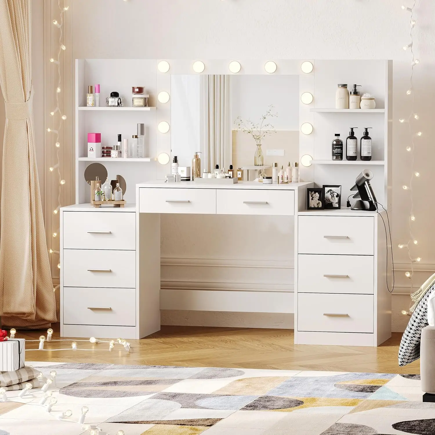 

Makeup Vanity Table with Mirror & Lights, with Power Strip, Large Drawer & Six Open Storage Dresser, 3 Lighting Modes