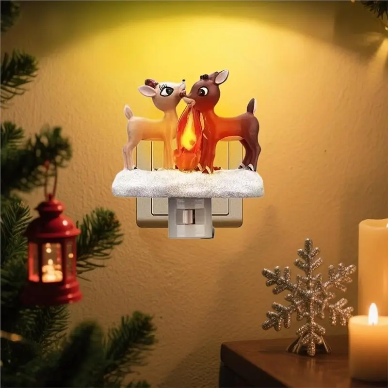 DT16 Reindeer Night Light LED Simulation Flame Effect - Christmas Decoration Plug-In Lamp, Warm White Flickering Fire, Resin
