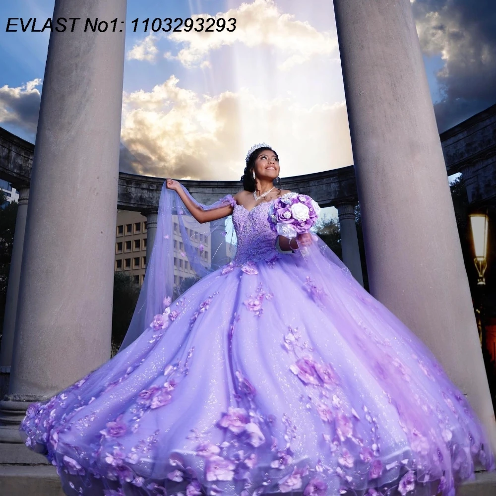 Evlast personalizado luxo lavanda vestido de baile quinceanera vestido 3d floral applique frisado capa doce 16 vestidos de 15 anos e1q619