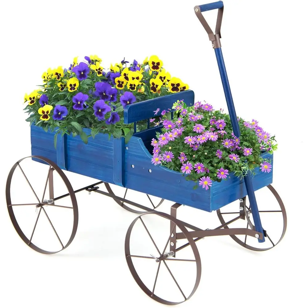 

Blue Wooden Wagon Planter with 2 Sections and Adjustable Handle for Indoor or Outdoor Use