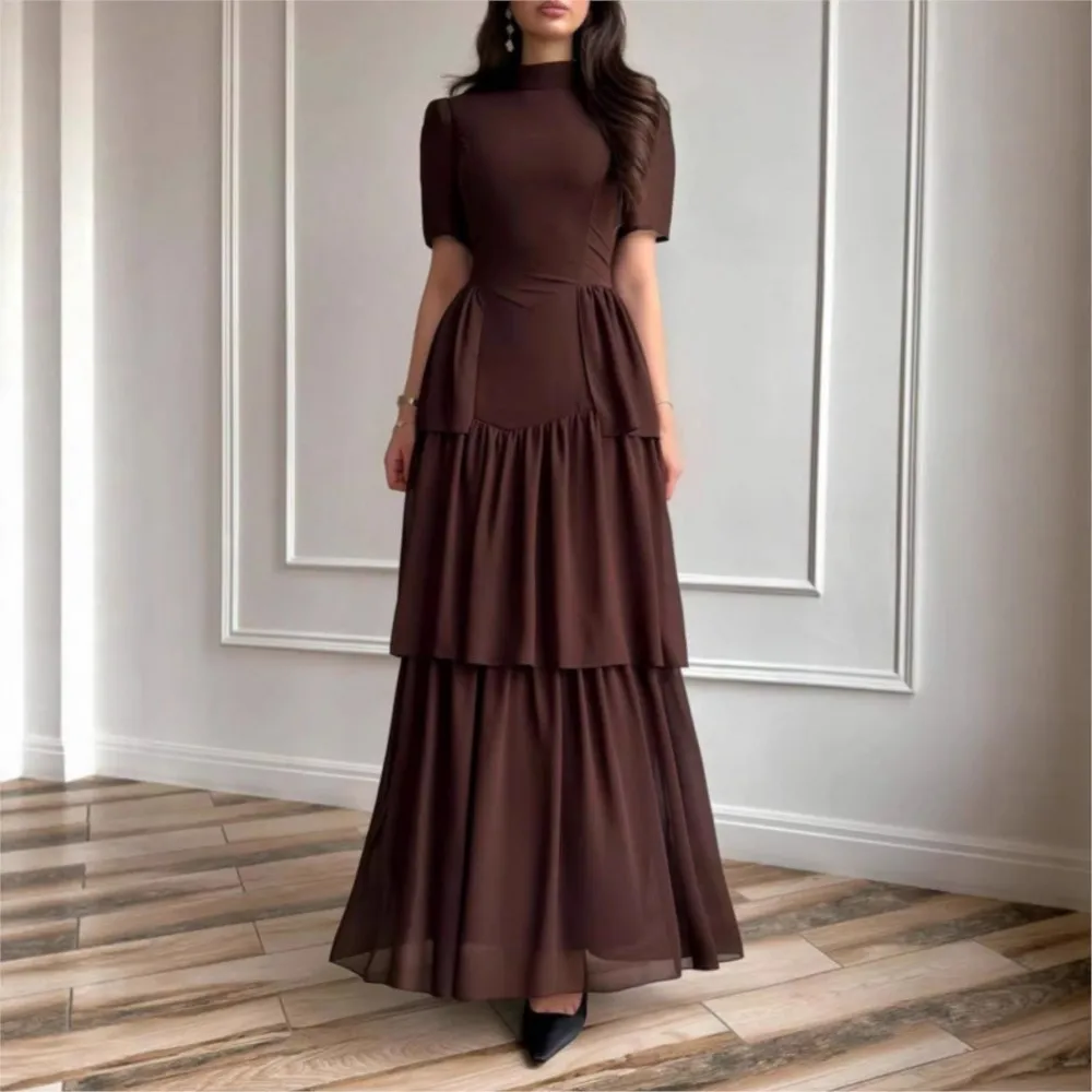

2026 Elegant Dresses For Woman Party Wedding Evening Dress Vestido Temperament Retro Short Sleeves Pleated Solid Color Slim Chic