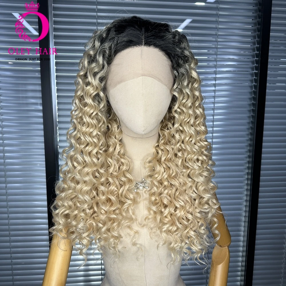 

OLEY Kinky Curly Ombre Honey Blonde Color 13x4 Lace Front Synthetic Transparent Black Drag Queen Cosplay Wigs For Black Women