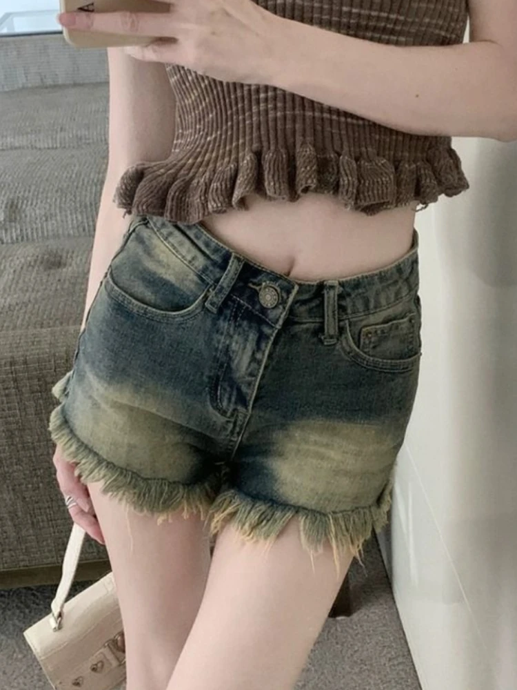 Denim Shorts Women Blue Retro High Waist Summer Thin Straight Korean Style All-match Slim Fit Design Streetwear Girls Popular