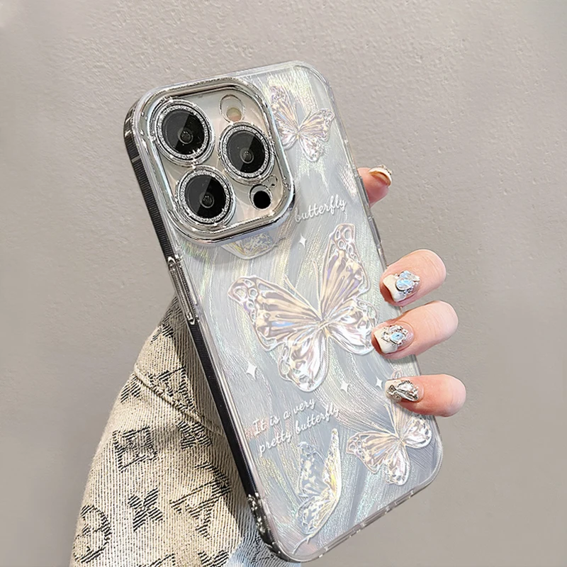 Luxury Laser Silver Butterfly Phone Cases for iPhone 16 Pro Max 11 12 13 14 15 Pro 7 8 Plus XSMax X XR Goggles Shockproof Cover