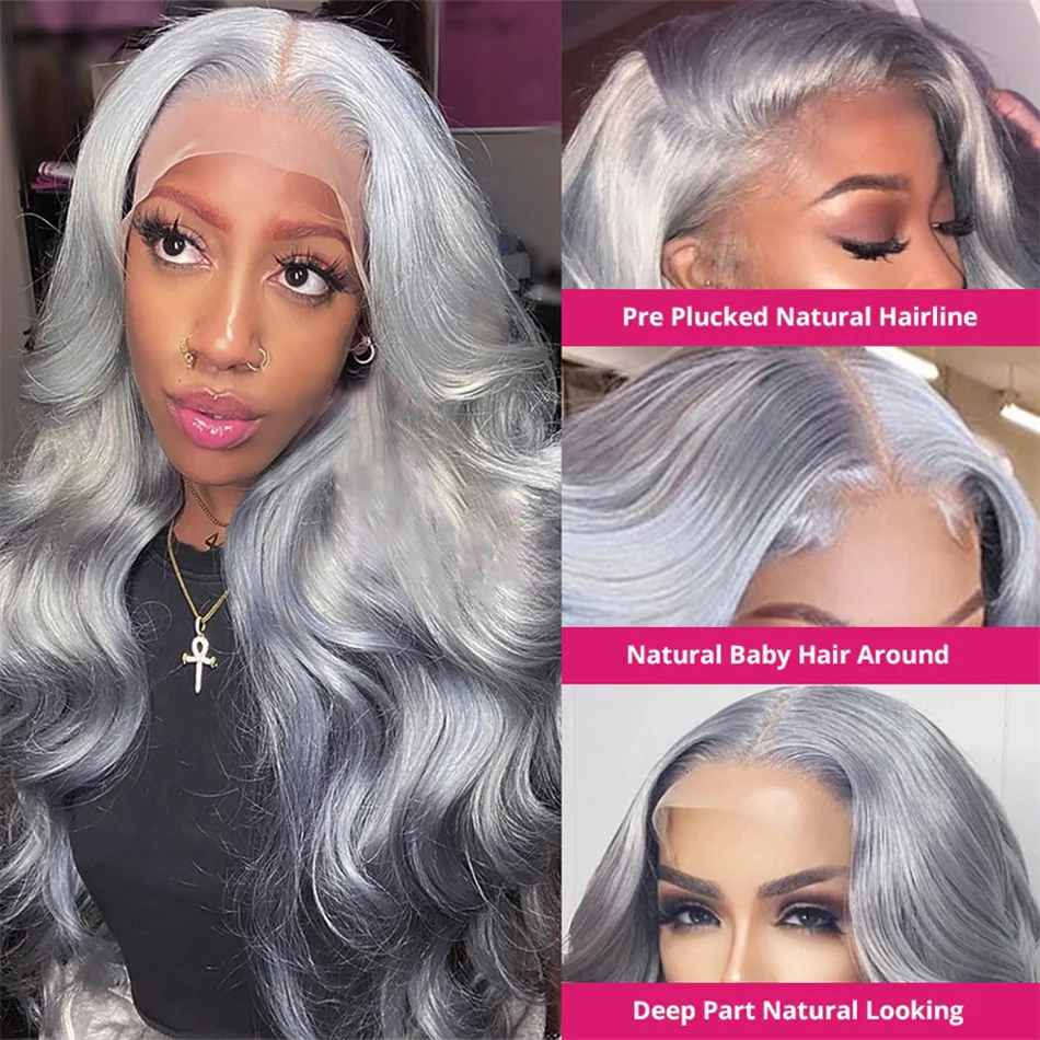 HD 13x6 Silver Gray Lace Front Wig Vietnamese Human Hair Colored Human Hair Wigs Glueless Body Wave Grey Lace Frontal Wig image 3