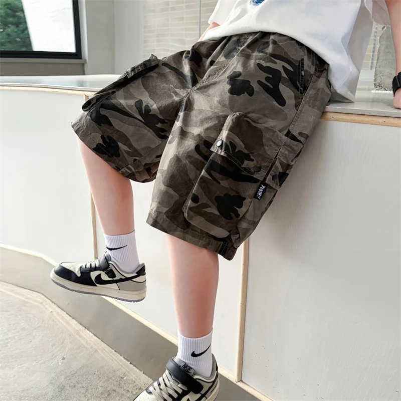 Hot Sale Tweens Boys Camo Cargo Shorts with Pocket Teenage Child Loose Style Military Tactical Work Shorts Kids Camouflage Pants