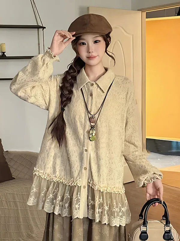 plus Size Women's Lace Paneling Hem Long Sleeve Shirt Casual Style Loose Fit Slimming Effect Autumn New Fashion Elegant Shirt