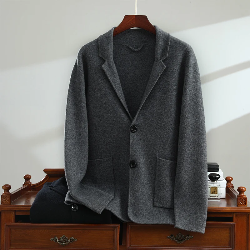 

100% Pure Cashmere Coat Men's Suit Collar Knitted Cardigan Winter Thick Warm Tops Casual Business Long Sleeved Menswear Jacket