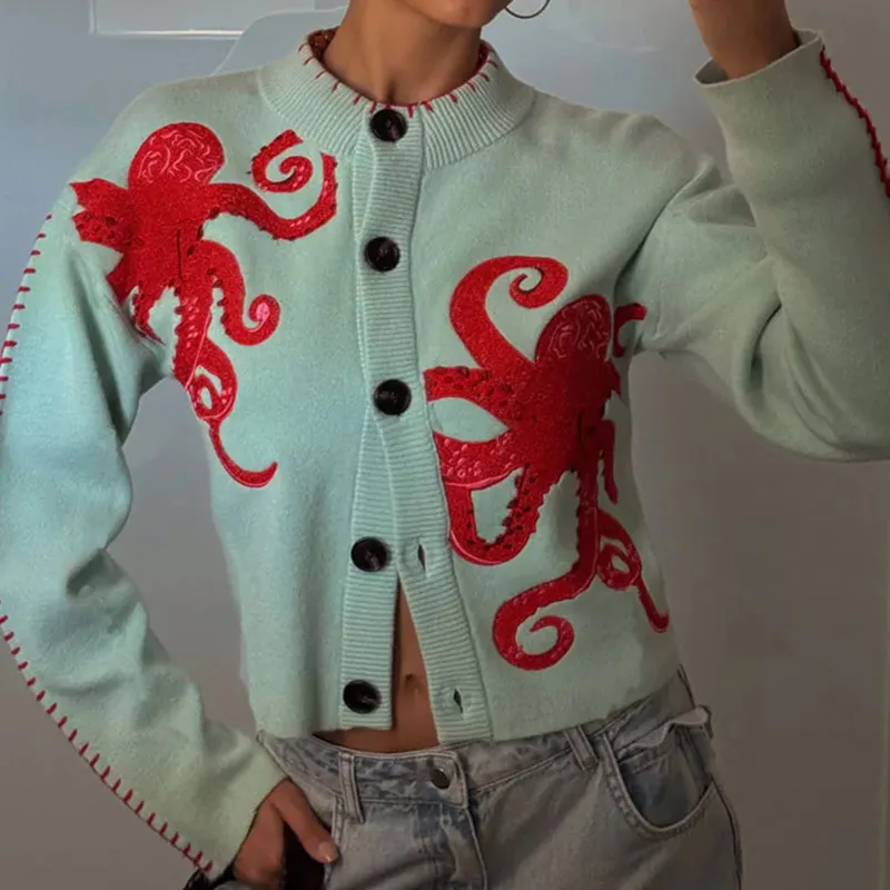 

Autumn Elegant O-neck Knitted Cardigan Coats Women Casual Long Sleeve Winter Sweaters Fashion Soft Warm Octopus Print Jackets