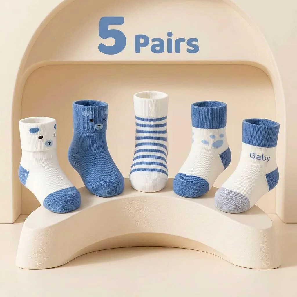 5 Pairs Newborn Baby Socks Blue Bear Mid Calf Soft Cotton Socks for Infant Boys Girls All Season
