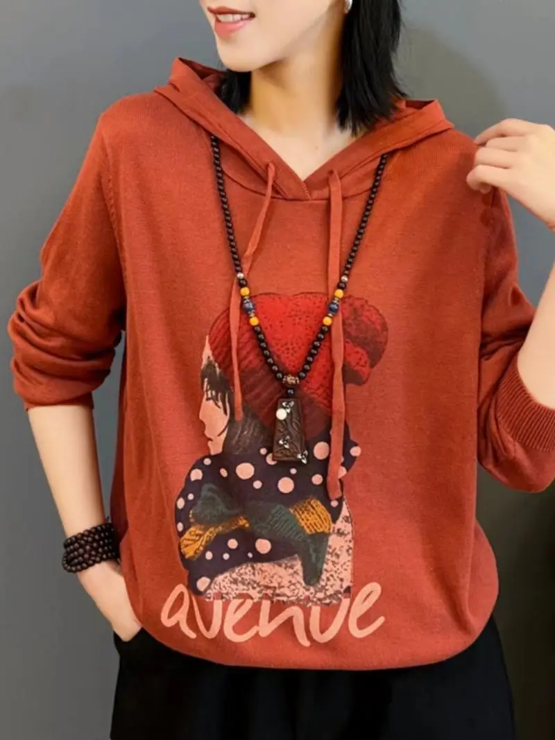 High-End-Teddybär-Kapuzenpullover für Damen, 2025, neuer Herbst, lockeres und vielseitiges, temperamentvolles, bedrucktes Strickpullover-Oberteil