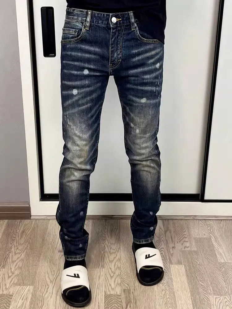 Men Dark‑Blue Vintage Faded Washed Paint Spot Decor Elastic Skinny Denim Jeans Urban Street Style Daily Wear Denim JeansY2K