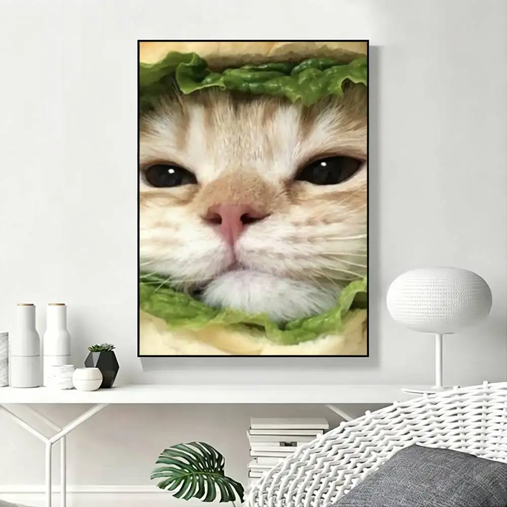 cute Cat Thousand Yard Stare Meme Poster Waterproof Wall Art Sticker For Bar Living Room Vintage Decor High Quality Print Gift