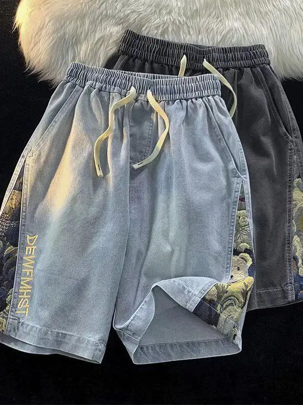 

Loose Fit Men's Denim Shorts Summer 2026 Trendy Brand Ins Patchwork Retro Embroidery Pants Versatile Five-Quarter Length