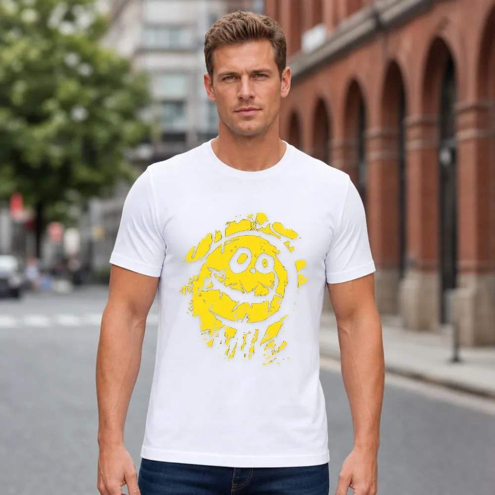 Men T Shirt Yellow Grunge Skull Smile Graphic O Neck Short Sleeve Casual Streetwear Summer Tops