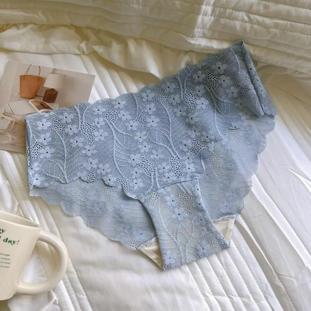 4Pcs Sweet Mid Waist Mesh Flower Panties Thin Cotton Crotch Lace Briefs Underpants Breathable Underwear for Women Daily