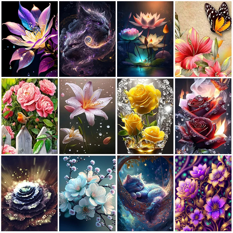 5D DIY Diamond Painting Cute Cat Beautiful Flower Scenery Mosaic Diamond Embroidery Painting Full Round Rhinestone Home Decor