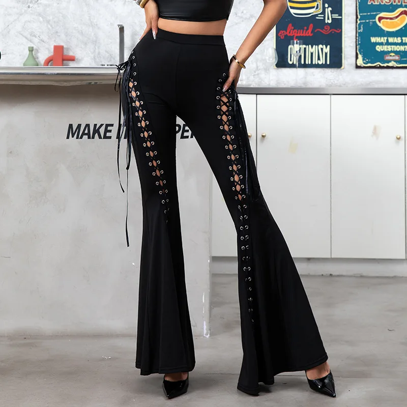 Women's Low Waist Drawstring Flare Pants - Shiny Satin Bell Bottoms, Y2K Fashion Casual Trousers for Music Festival & Vacation
