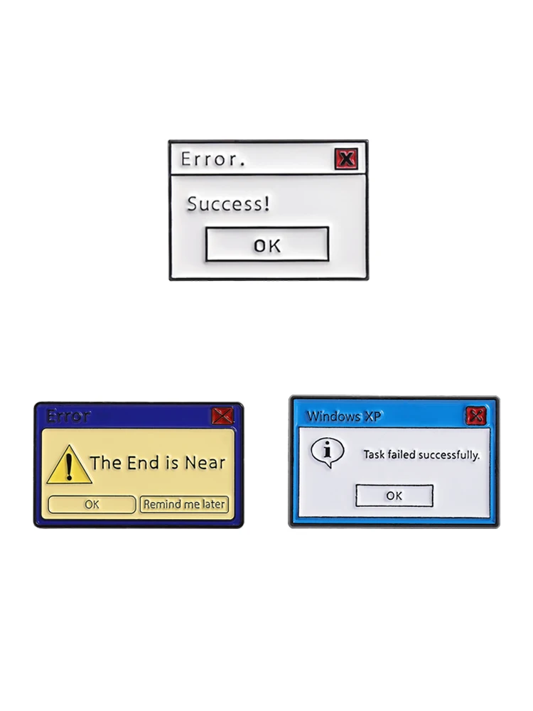 Przypinki emaliowane z wiadomościami o błędach komputera Windows XP, nieudany/zakończony zakończeniem zadania, skrzynka z przeskakującą stroną, broszki, odznaki do klapy, plecaka, biżuteria, prezenty. — 2