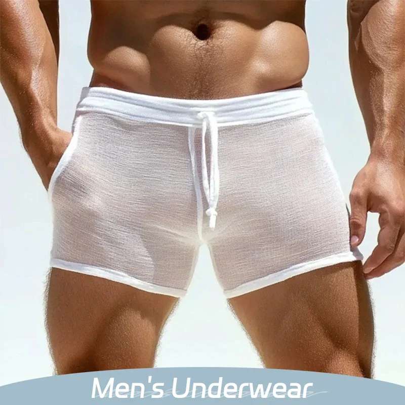 Sexy See Through Slim Shorts Men Seaside Beach Casual Solid Color Breathable Shorts Summer Men Leisure Sleepwear Fitness Shorts