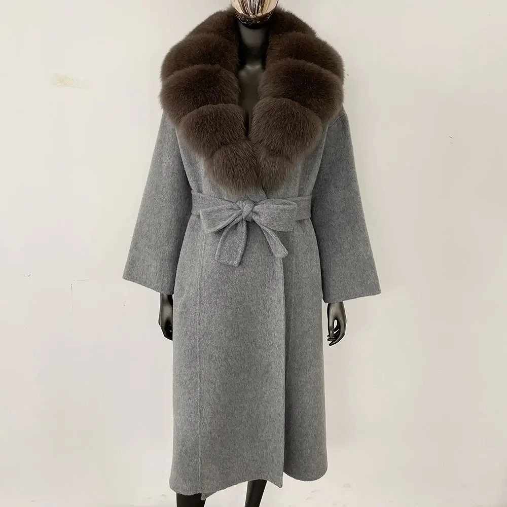 Natural gola de pele de raposa jaqueta com capuz casaco de pele real inverno feminino cashmere lã mistura casaco 2024 novo oversize senhoras outerwear