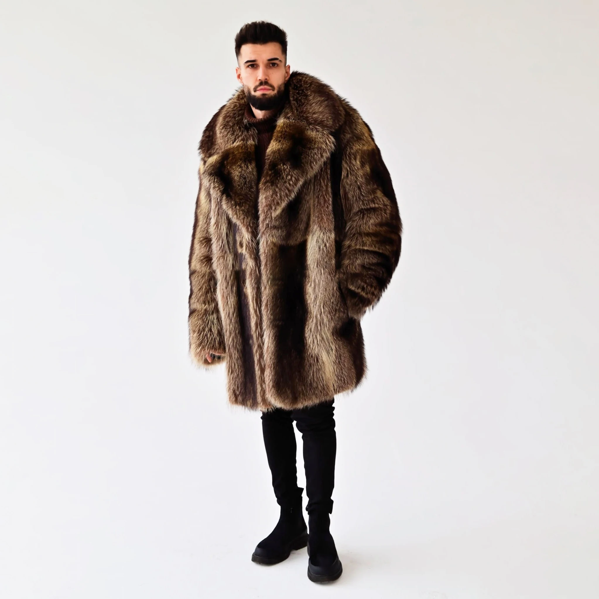 New Luxury Sable Color Men Real Raccoon Fur Long Coat Winter Warm Raccoon Fur Full Pelt Overcoat Natural Genuine Fur Outwear