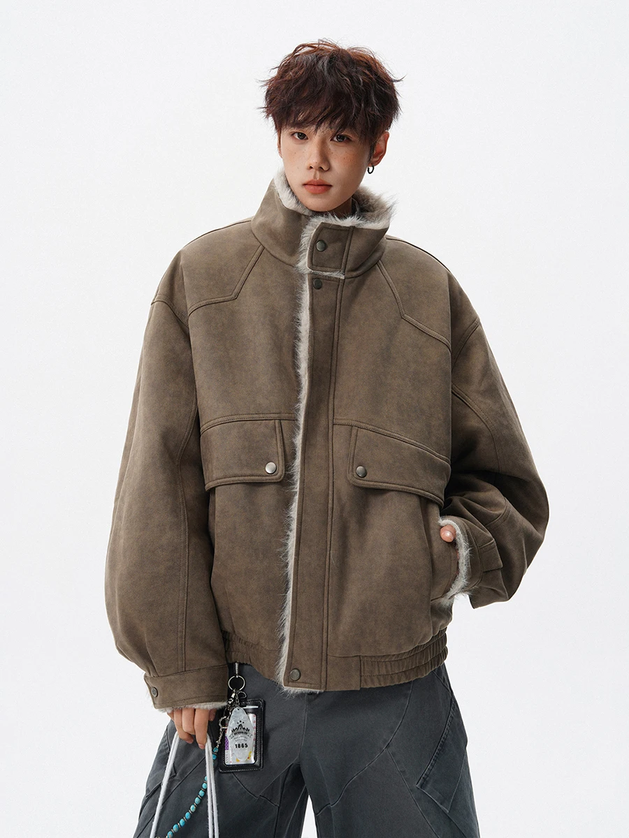 Jaket Motor Kulit Pria Thiened American Sle, Model Longgar, Bahan Katun Hangat untuk Musim Dingin, Pakaian Luar Kulit Katun untuk Pengendara Motor