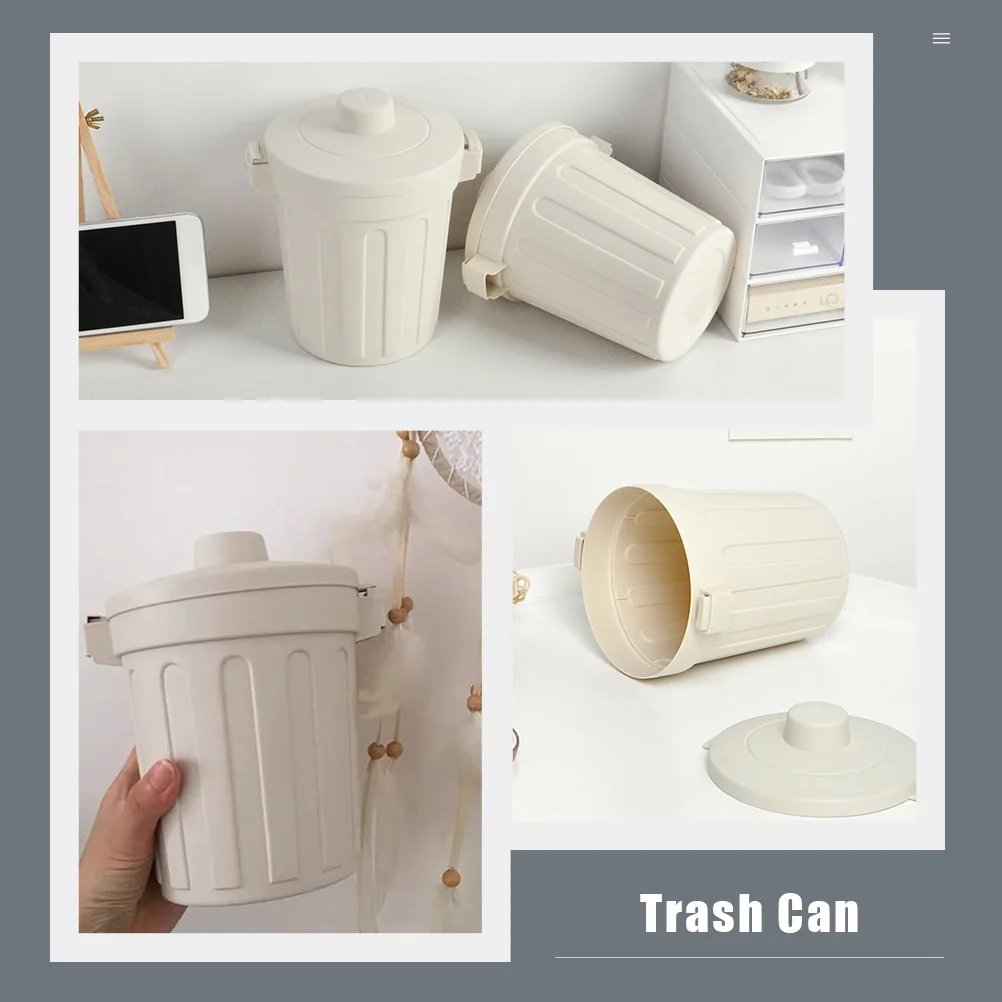 

2Pcs Mini Beige Color Plastic Trash Can Kitchen Bathroom Office Use Storage Desktop Trash Can Container