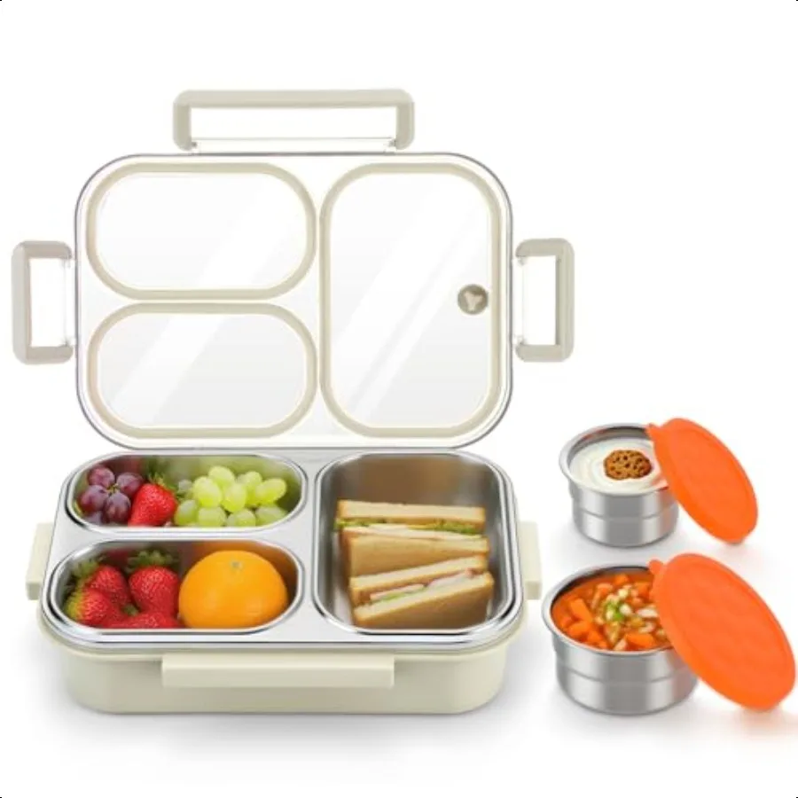 

Stainl Steel Lunch Box 25 oz Bento Box with 3 Compartments 6oz Soup Cup 3oz Condiment Cup Leakproof Durable Dishwasher Safe Con