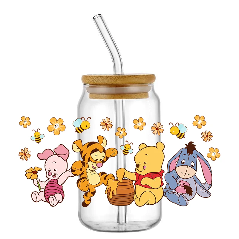 3D UV DTF Libbey Cup Wrap Cartoon Cute Pooh Friend Transfer Sticker Adhesive Waterproof Durable