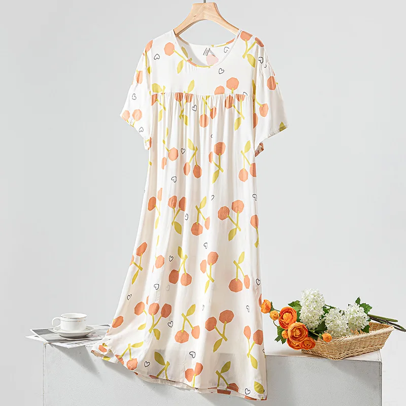 Chemise de nuit à manches courtes pour femmes, robe de pyjama d\'été, chemise de nuit à col rond, chemise de nuit imprimée, vêtements de maison,