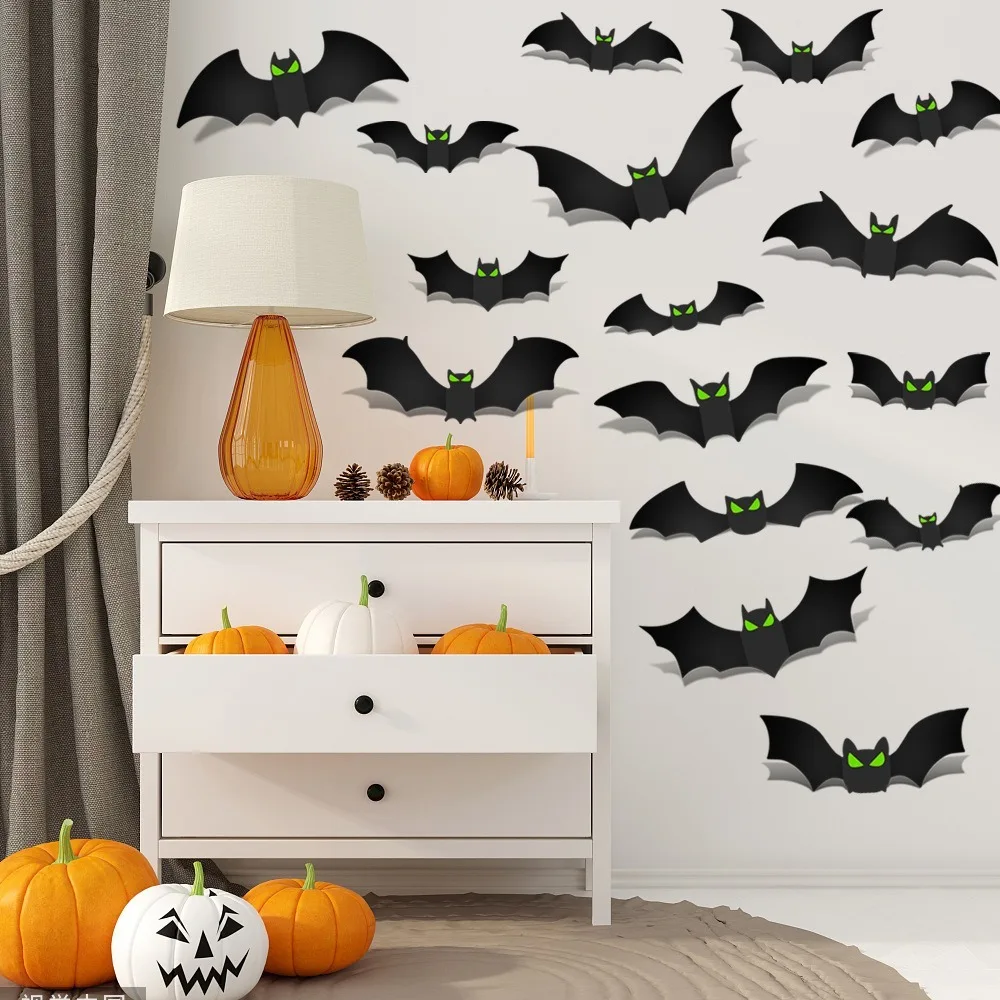 3D Bats Halloween Wall Decor PVC Double-Sided Tape Included Wall Stickers Horror Props Glow in The Dark Eyes