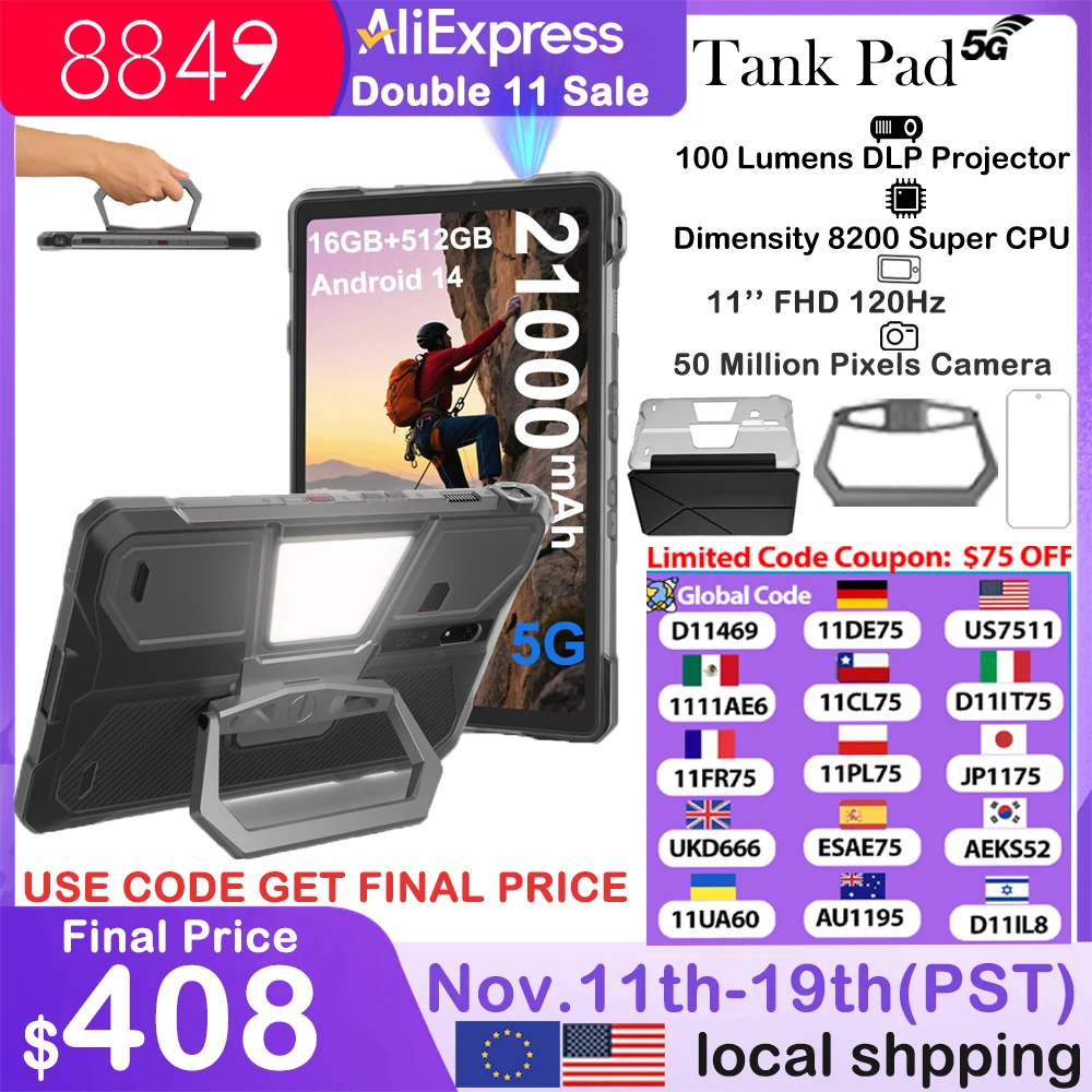 8849 TANK PAD Unihertz Projetor Robusto Tablet Smartphone 10,95 polegadas 120Hz 16GB 512GB 21000mAh 32MP + 50MP 66W Telefone Tablet
