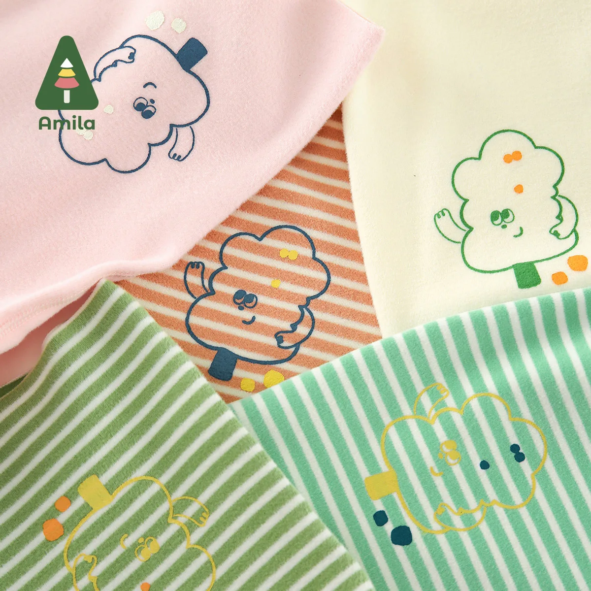 Amila Baby Underwear Set 2023 Autumn New Seamless Cutting Colors Pattern Printing  Boys Girls Cotton Children  Homewear Clothes