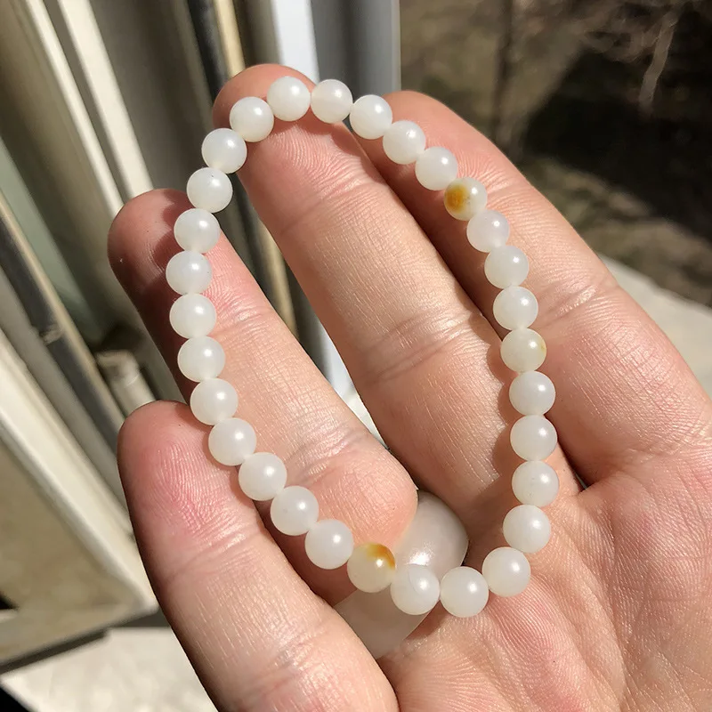 Hetian seedstone bracelet women, white jade with gold specks, 6mm round beads