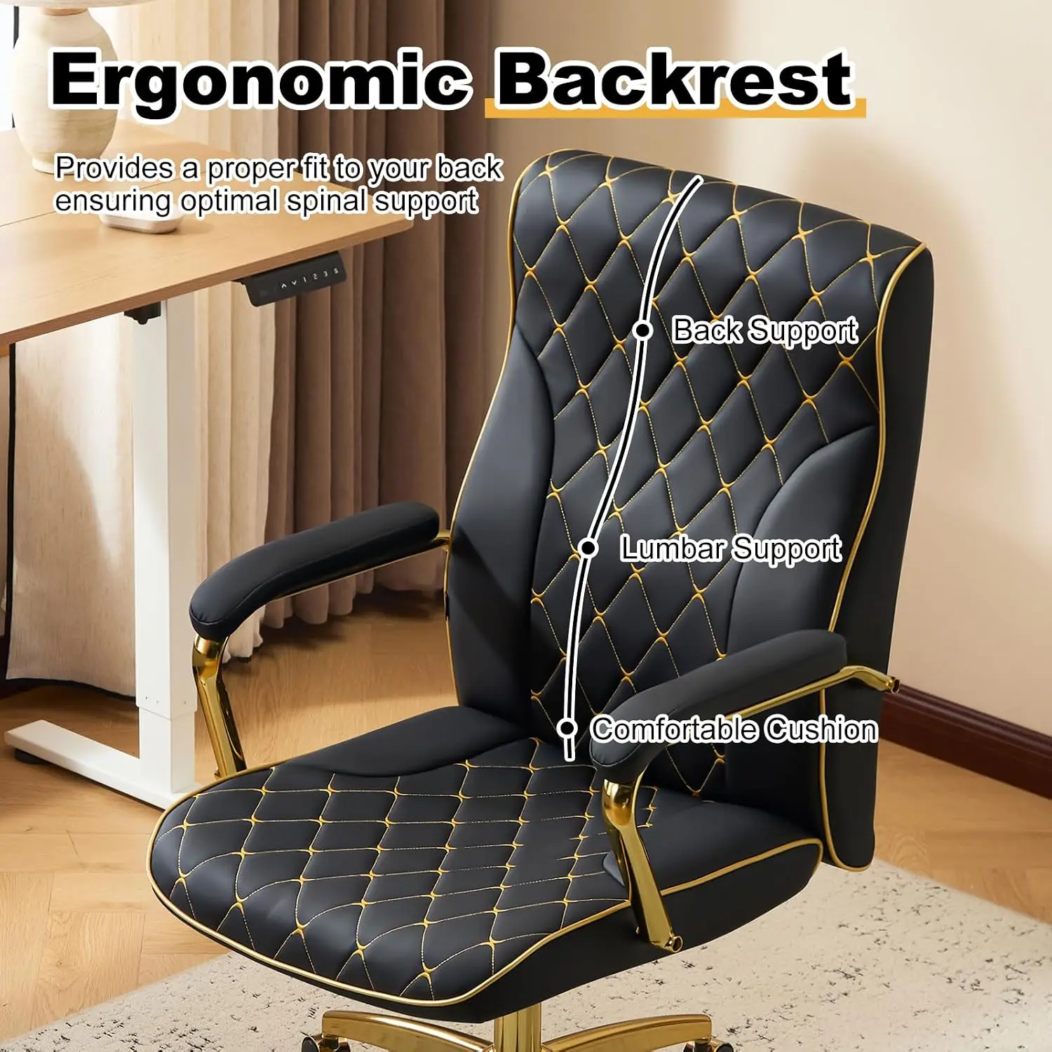 Black Gold Leather Office Chair Adjustable Vanity Chair Golden Legs Padded Armrest Upholstered Computer Chair Wheels Customized