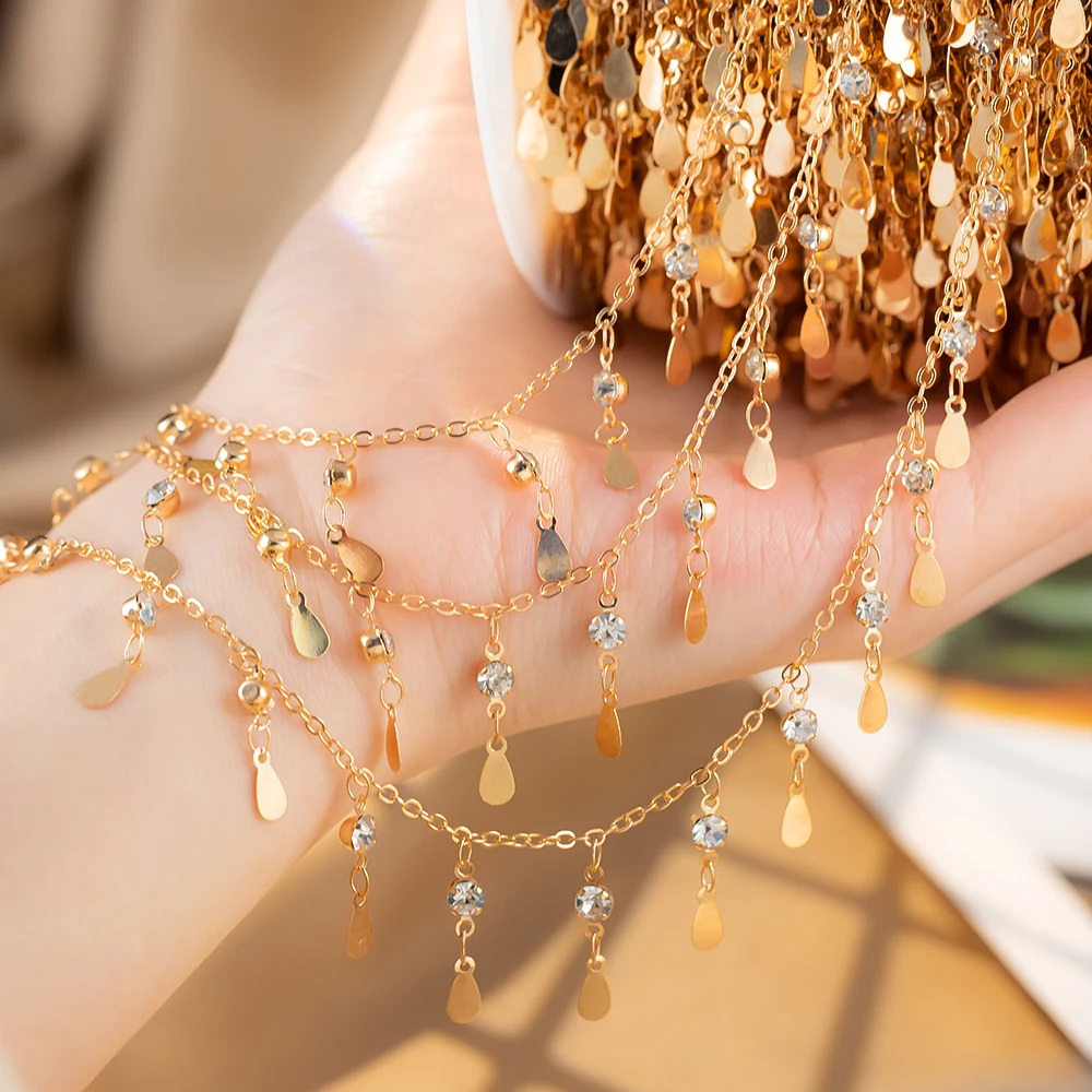 50CM 1M KC Color Copper Waterdrop Charms Bracelet Chains Crystal Beaded Chains Clothing Jewelry Making DIY Necklace Supplies