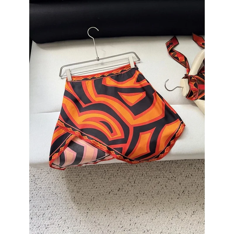 Summer Fashion Party Sexy Vintage Geometric Print Silk Mini Skirt Women's Middle Waist Slim A-Line Asymmetrical Short Skirt