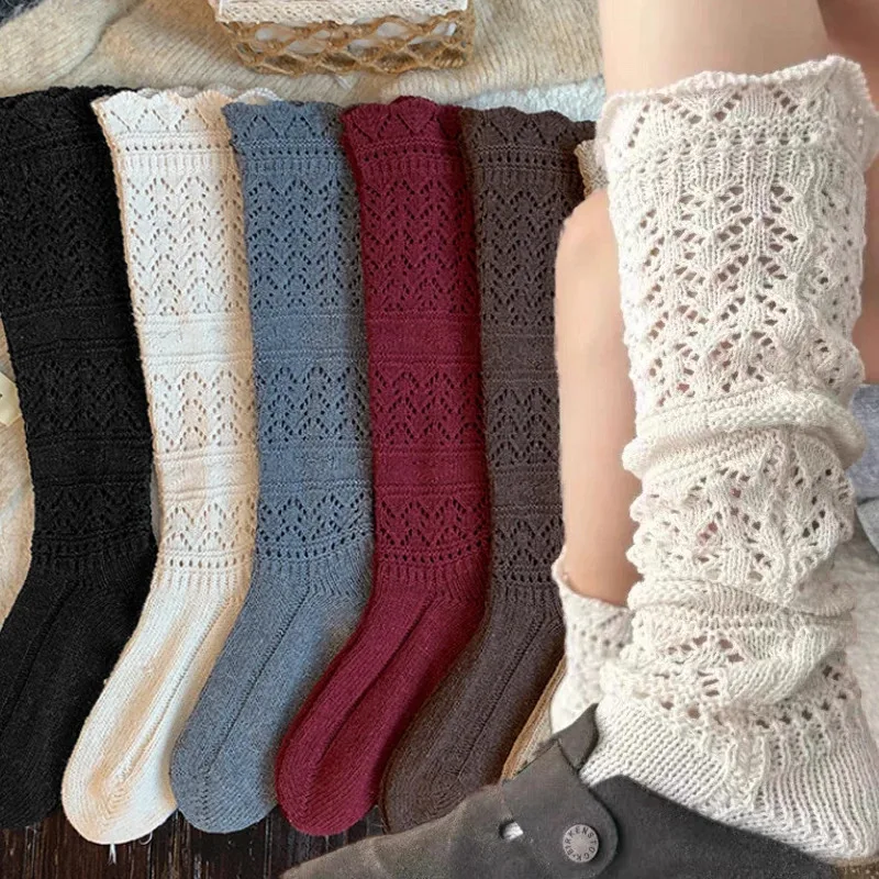 2 Pairs Hollow Knitted Socks for Women Soft Warm Home Long Tube Socks Solid Color Autumn Winter Stockings Boots Socks