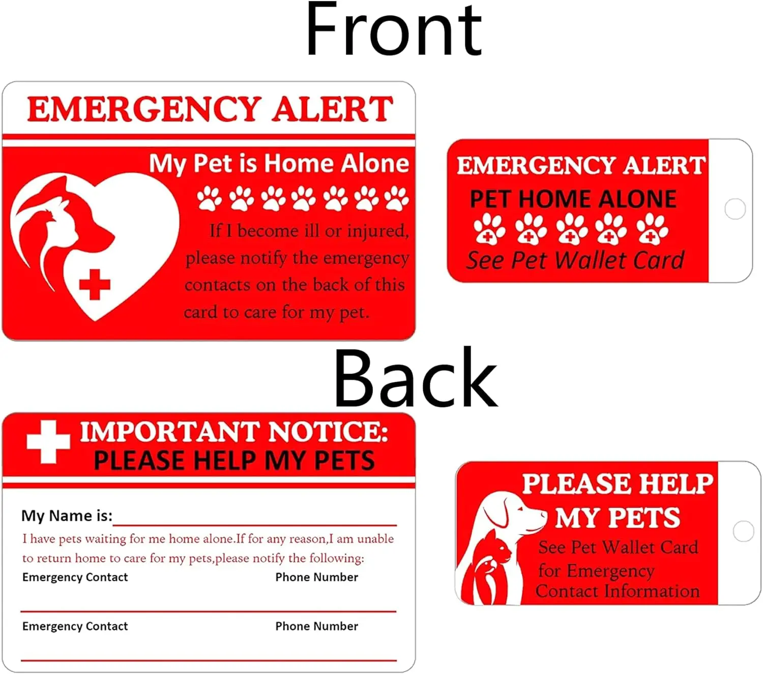 3.375 x 2.125 inch Dogs & Cats are Home Alone Alert Emergency Card and Key Tag with Emergency Contact Call Card 2pcs