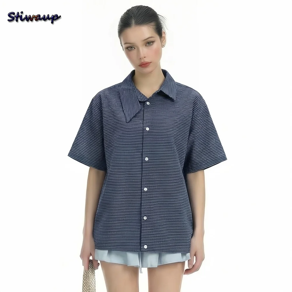 

Женская рубашка в клетку с уникальным дизайном воротника, с коротким рукавом, свободного кроя, летняя, синяя, повседневная, элегантная