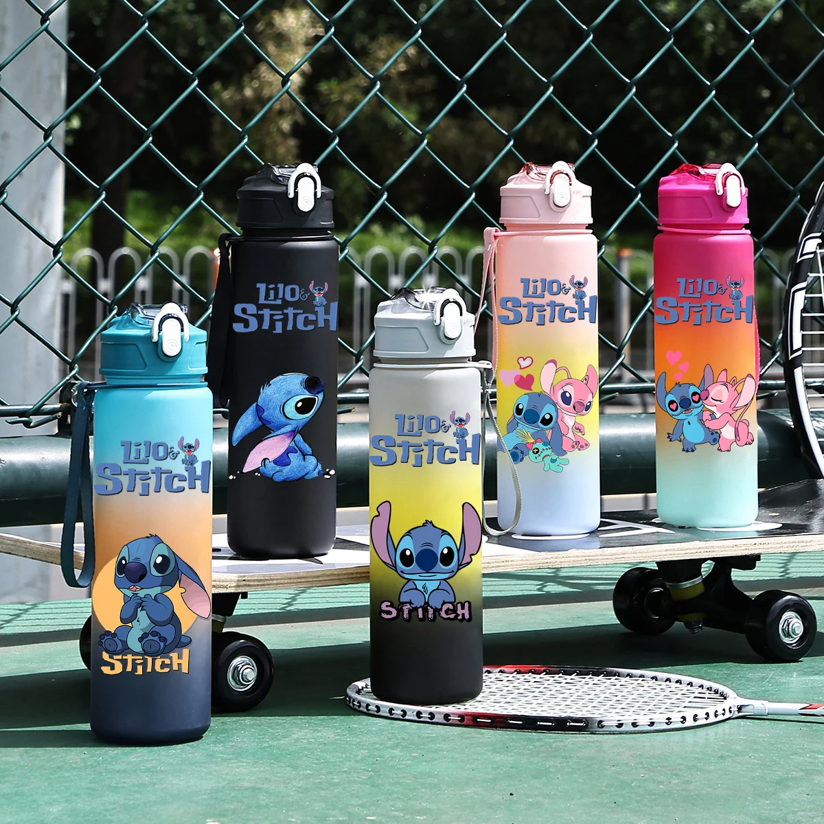 Disney Lilo Stitch Plastic Straw Water Cup Sports Water Bottle Outdoor 750Ml Large Capacity High Value Camping Drinking Tools