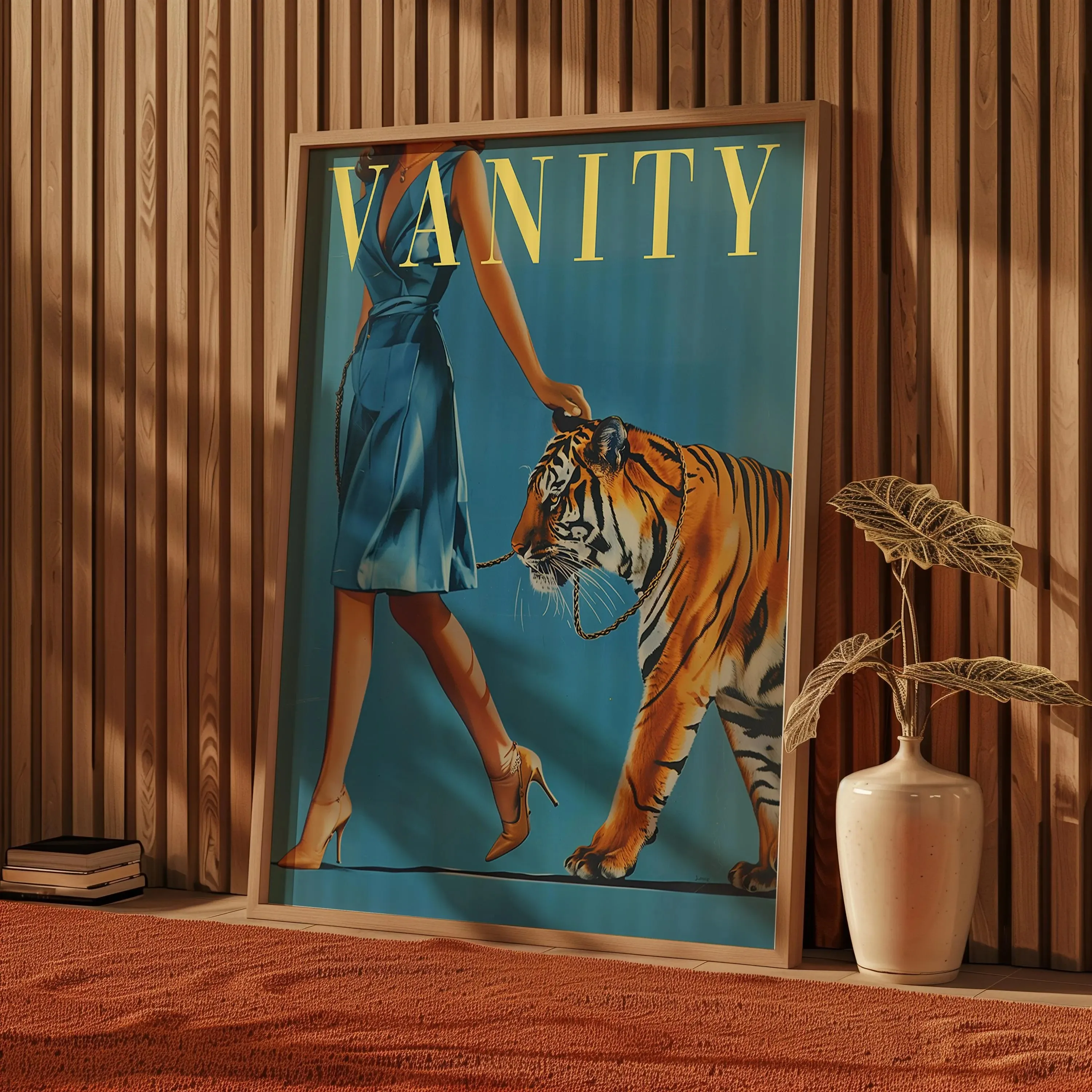 Vintage Woman Walking a Tiger Poster Women Fashion Magazine Wall Art Badass Bestie Eclectic Feminist Print Funny Retro Wall Deco