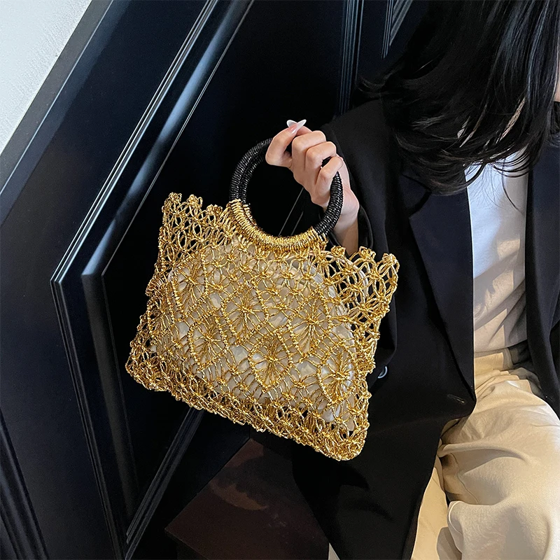 

French Light Luxury Woven Bag Fashion Hollow Handbag Niche Design Round Hand-held Square Bags Versatile Gold Silver Holiday Bags