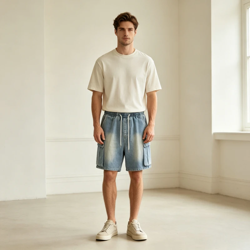 

Men Denim Cargo Pants Short Jeans Traight Trousers Elastic Waist Pocket Lace Up Beach Loose Casual Y2k Vintage Washed Distressed