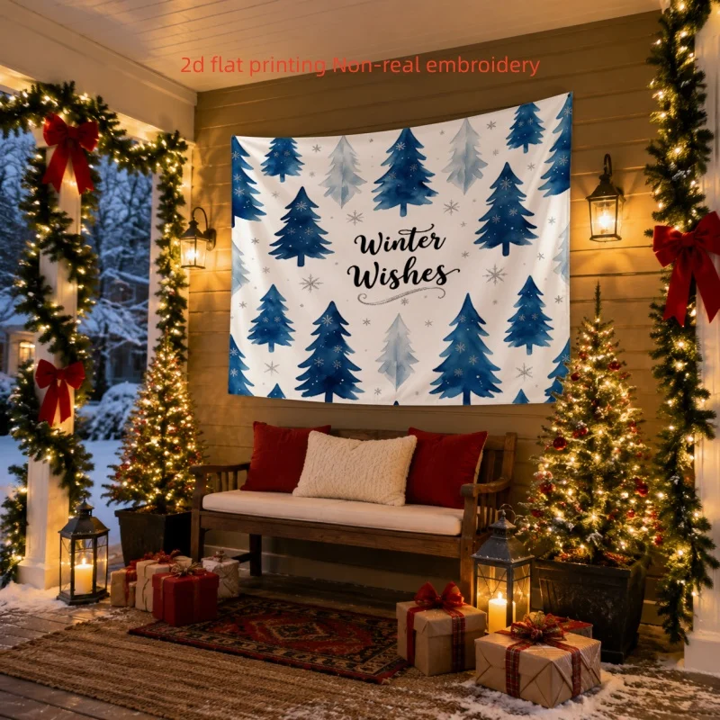 2D Flat,1pc Printed Tapestry, Watercolor Blue Pine Tree Winter Wishes Pattern, Holiday Wall Decor, for Living Room,Bedroom
