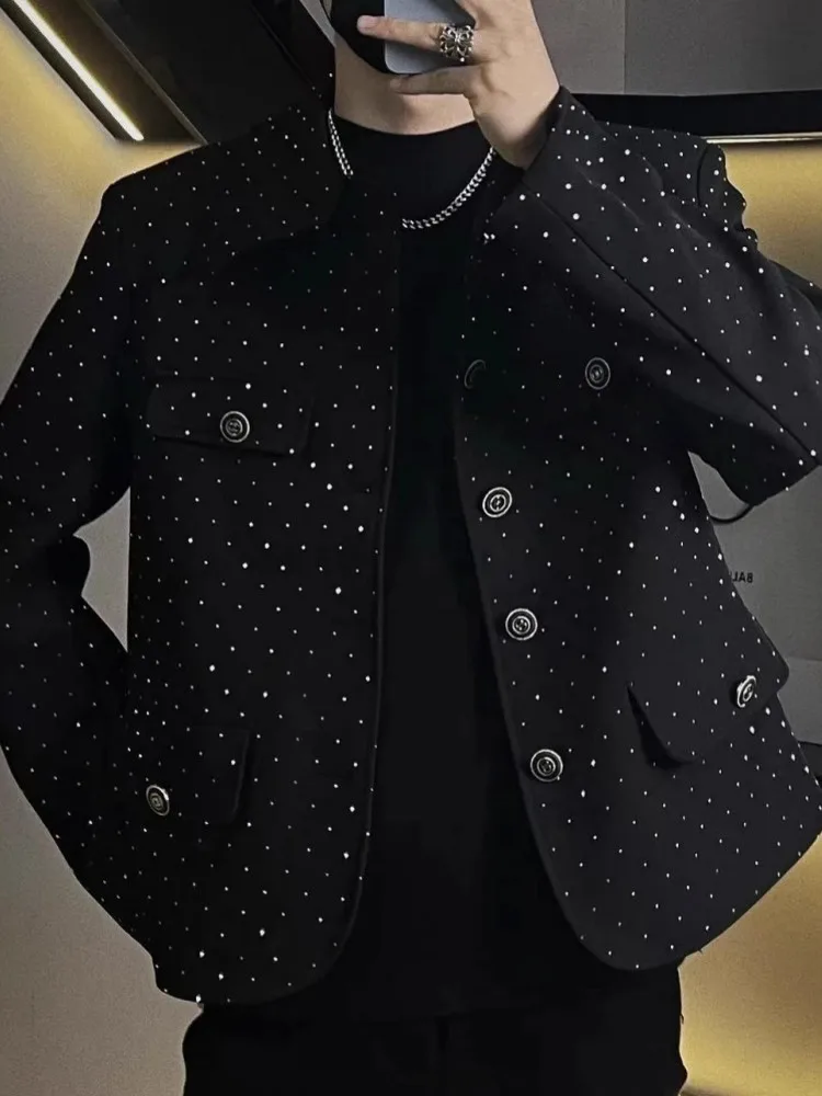 Fashion Mens Shiny Diamonds Studded Jacket Autumn Loose Fit Single Breasted Party Coat High Street Stage Show Outwear Jackets